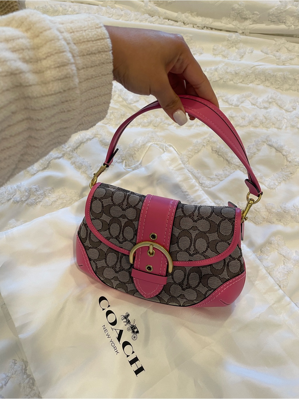 Coach Signature Canvas Shoulder Bag With Pink Leather Trim